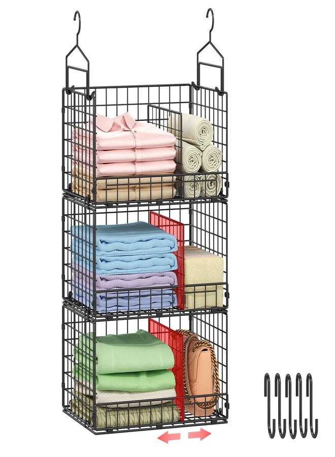 Sonyabecca 3-Tier Extra Large Closet Hanging Organizer with Dividers, Clothes Hanging Shelves with 2 Hanging Hooks & 5 S-Hooks, Wire Storage Baskets for Sweaters, Shoes, Handbags & Accessories - Image 1
