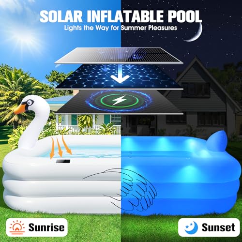 FunBy Inflatable Pool with Lights,Solar Swan Inflatable Swimming Pool for Kids,Adults,Large Inflatable Pool for Adults Blow up Pool,Oversized 100"x63"x22"Family Inflatable Kids Pool for Backyard-White - Image 2