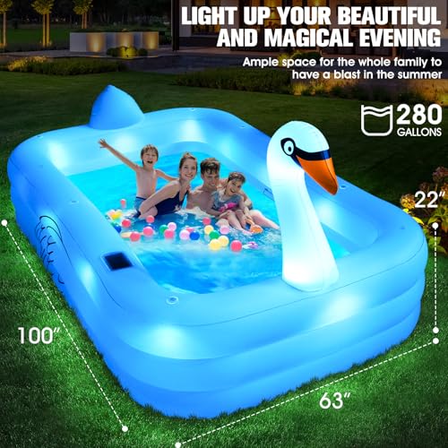 FunBy Inflatable Pool with Lights,Solar Swan Inflatable Swimming Pool for Kids,Adults,Large Inflatable Pool for Adults Blow up Pool,Oversized 100"x63"x22"Family Inflatable Kids Pool for Backyard-White - Image 4