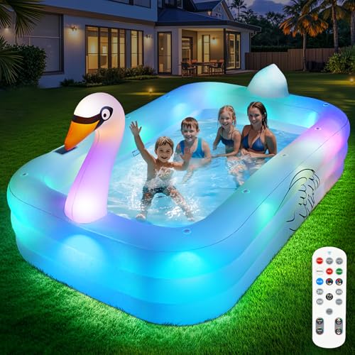 FunBy Inflatable Pool with Lights,Solar Swan Inflatable Swimming Pool for Kids,Adults,Large Inflatable Pool for Adults Blow up Pool,Oversized 100"x63"x22"Family Inflatable Kids Pool for Backyard-White - Image 1