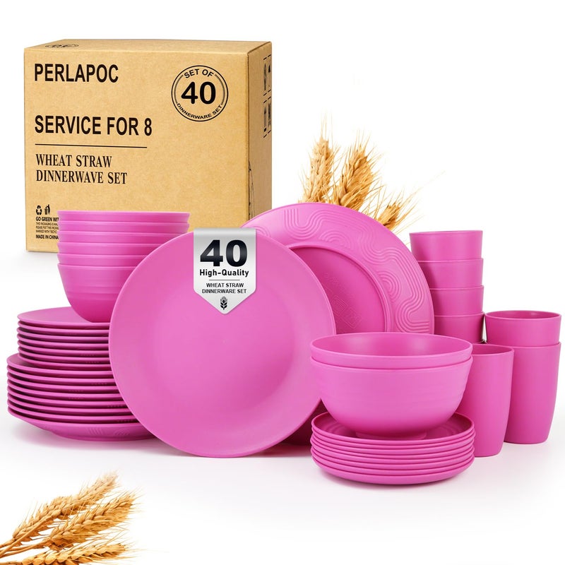 Perlapoc Wheat Straw Dinnerware Set 40 PCS | Service for 8 | Unbreakable Plates and Bowls Sets Plastic Reusable Dishes Sets Dinner Plates, Cereal Bowls, Water Cups Kitchen Set for Home RV- Pink - Image 1