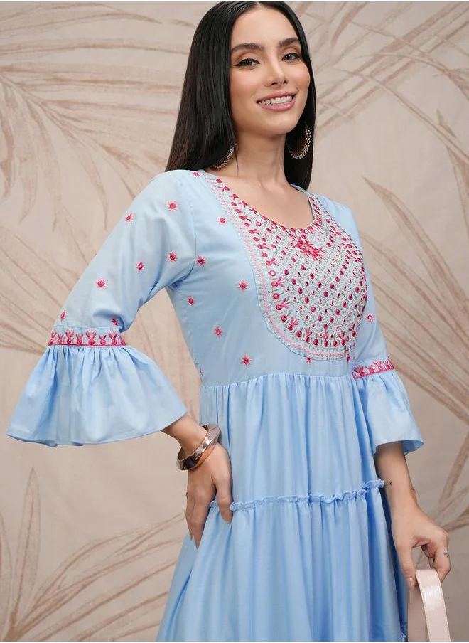 Vishudh Vishudh Women Embroidered Bell Sleeves Tiered Maxi Dress
