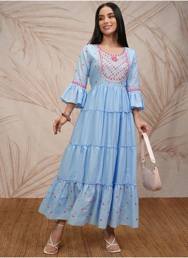 Vishudh Vishudh Women Embroidered Bell Sleeves Tiered Maxi Dress
