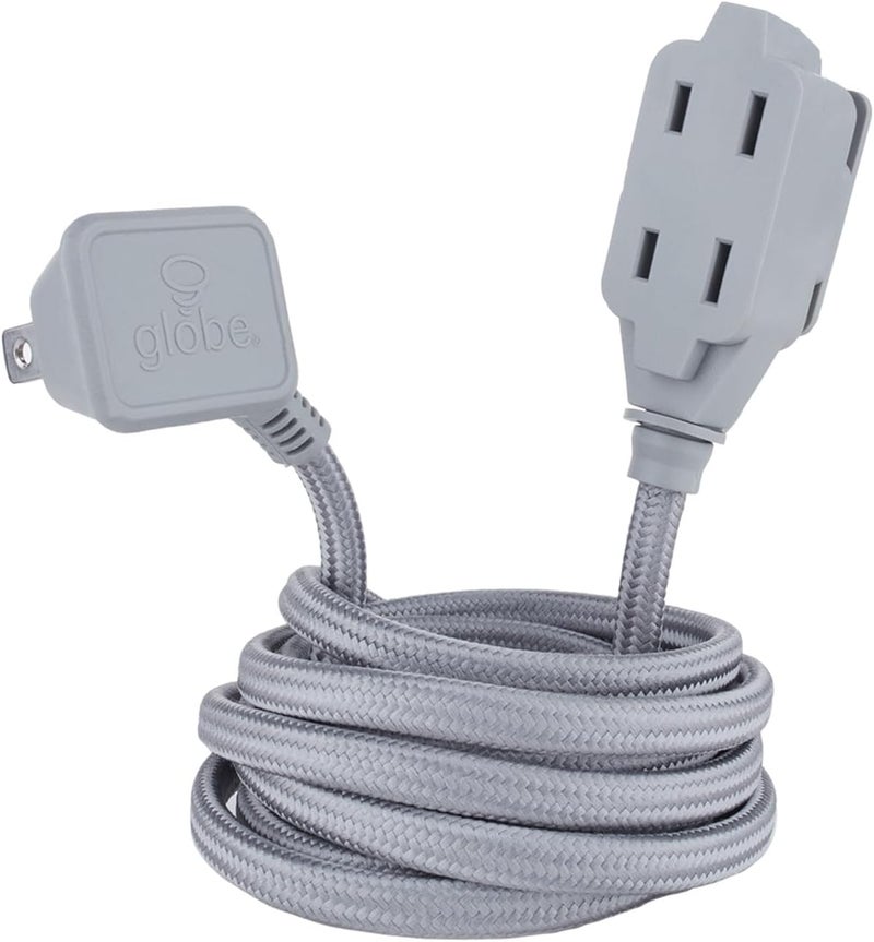 Globe Electric 22890 Designer Series 9-ft Fabric Extension Cord, 3 Polarized Outlets, Right Angle Plug, 125 Volts, Metallic Gray - Image 1