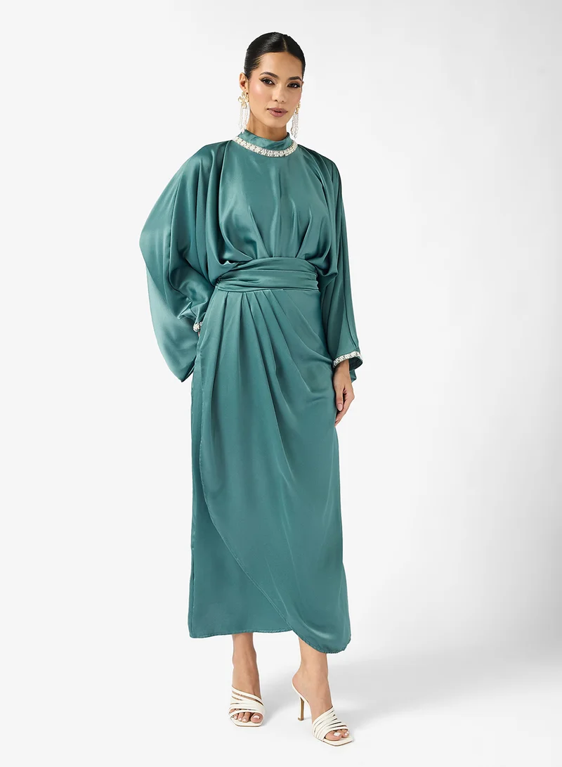Khizana Draped Dress With Embellished Neckline