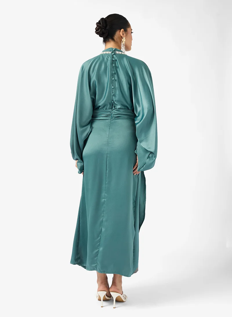 Khizana Draped Dress With Embellished Neckline
