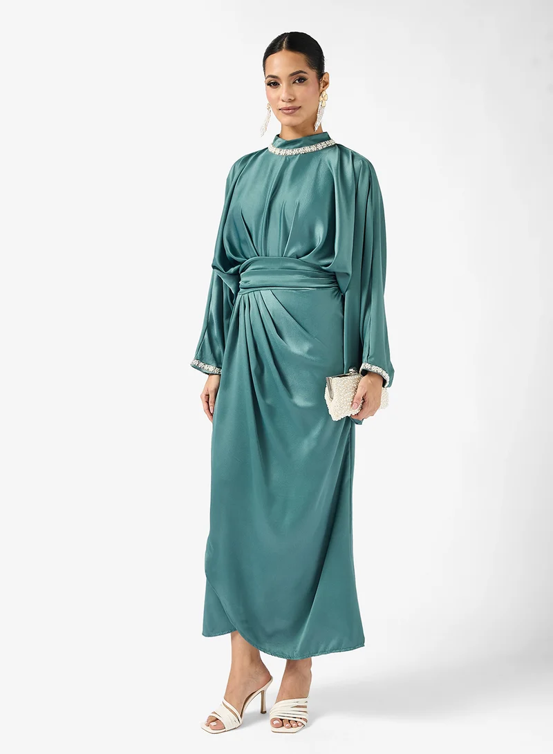 Khizana Draped Dress With Embellished Neckline
