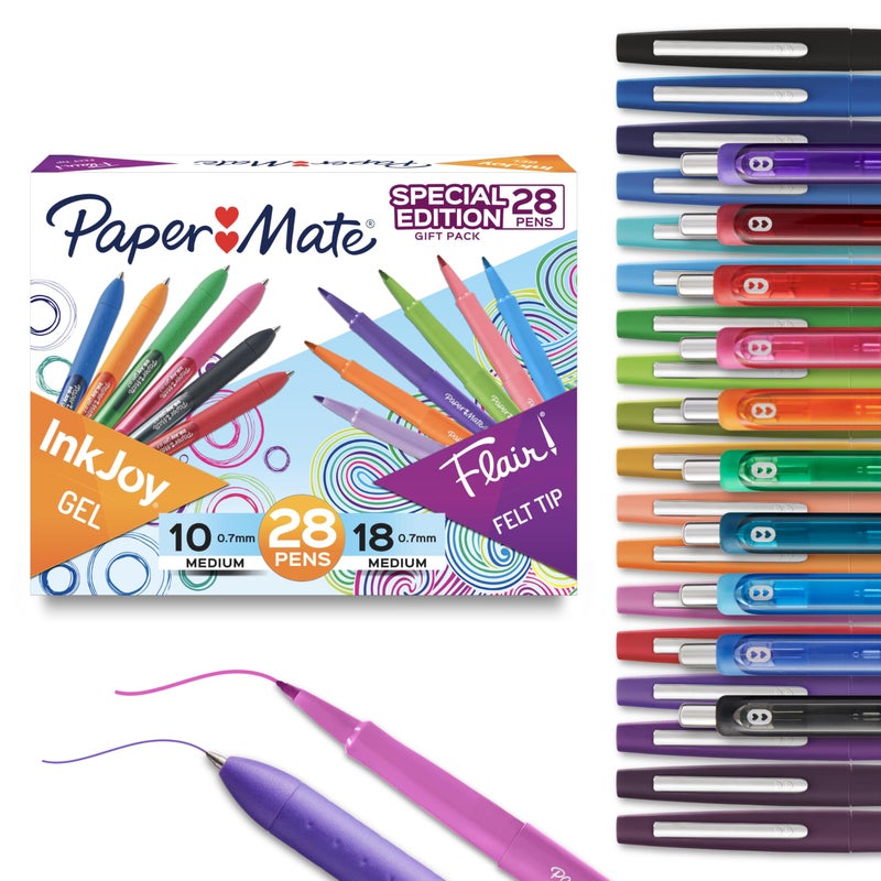 Paper Mate طقم أقلام بيبر ميت، أقلام جل إنك جوي القابلة للسحب، أقلام فليير ذات رأس شعري، 28 قطعة - ألوان متنوعة، كتابة سلسة، جفاف سريع - Image 1