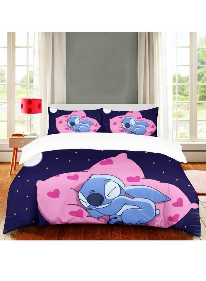 طقم سرير بنمط غرزة الكرتون مكون من ثلاث قطع مع ملاءات بوليستر ناعمة من الألياف الدقيقة بما في ذلك غطاء وكيسي وسادة (مقاس 150 سم × 200 سم) - Image 1