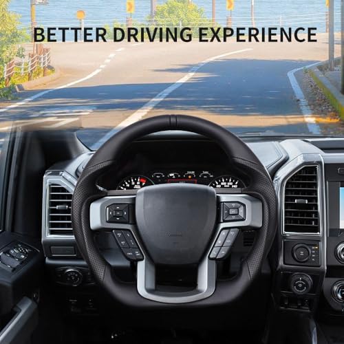 JIANGGAI عجلة قيادة جلدية كاملة من جيانغغاي، عجلة قيادة على شكل D بقبضة جلد مثقوب تناسب F150 2015-2020 (نسخة بدون دبابيس) - Image 5