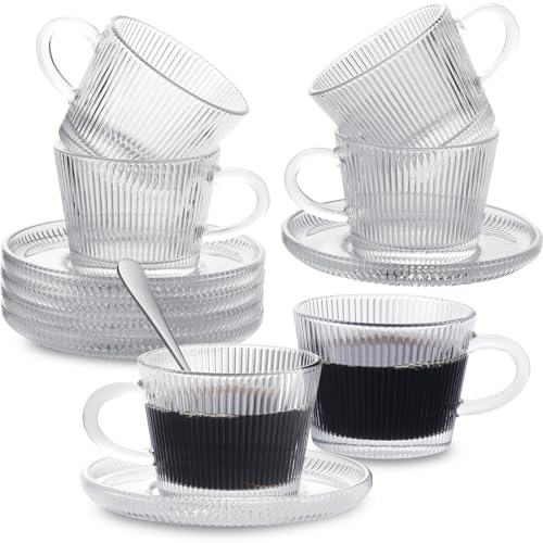 GURUDAR Glass Espresso Shot Cups with Saucers Set of 6, Clear Small Demitasse Cup with Stainless Steel Spoons, Dishwasher Safe Coffee Mugs for Tea Hot Chocolate Cappuccino, 5OZ/150ML, Stripe - Image 1