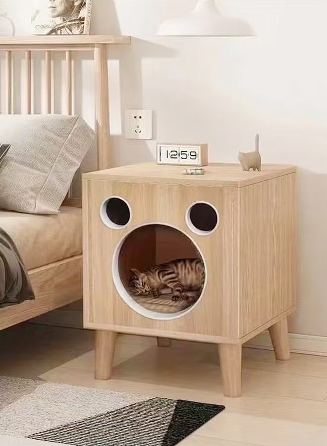 Raffine Multifunction Design Spacious Nightstand Bedside Table with Small Cat Enclosures Sturdy Wood Built Cat Nest with Cushion for Pet Cat 40x40x40 cm  - Image 1