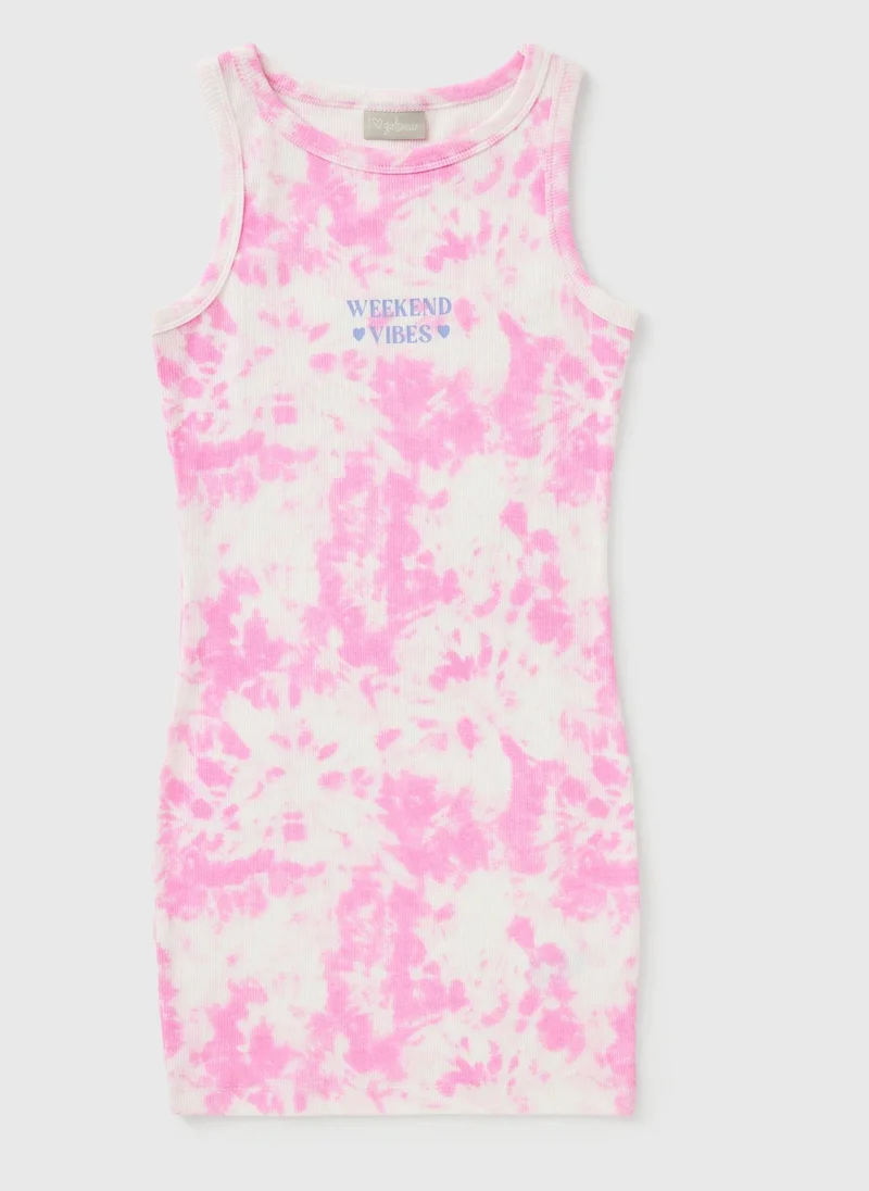 ماتلان Girls Pink Tie Dye Slogan Ribbed Dress