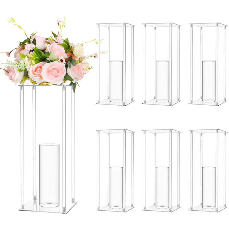 Sieral 6 Sets 20 Tall Clear Acrylic Flower Vase Wedding Centerpieces Flowers Stand with Glass Candle Holders Cylinder Vases Clear Flower Vases for Table Centerpiece Wedding Home Decor
