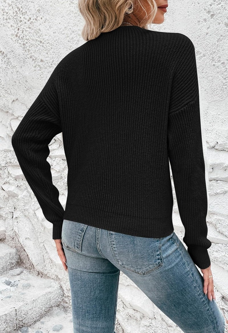 Pink Queen Women's Cute Comfy V Neck Long Sleeve Pullover Sweater Tops Casual Twist Crisscross Asymetric Hem Wrap Cropped Sweater Jumpers Black L - Image 5