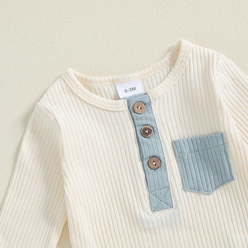fhutpw Baby Boy Clothes 3 6 12 18 Months Ribbed Knitted Long Sleeve Romper and Pants Sets Newborn Fall Splicing Color Outfits (White&Blue, 12-18 Months) - Image 4