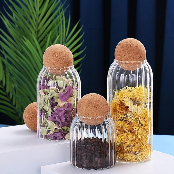 GLASS JAR WITH WOODEN BALL LID SET OF 3 CAPCITY 70010001200 ML CLEAR GLASS STORAGE FOOD JAR WITH CORK BALL LID FOR KITCHEN FOOD CONTAINERS SET