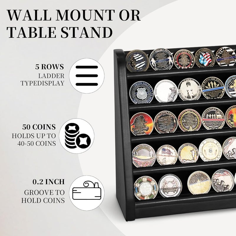 ASmileIndeep 5 Rows Challenge Coin Holder Display Stand Holds 50 Coins for Wall Mount or Tabletop, Solid Wood Military Coin Rack Display Case for Army Collectibles, Black - Image 3