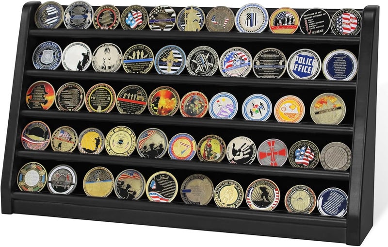 ASmileIndeep 5 Rows Challenge Coin Holder Display Stand Holds 50 Coins for Wall Mount or Tabletop, Solid Wood Military Coin Rack Display Case for Army Collectibles, Black - Image 1