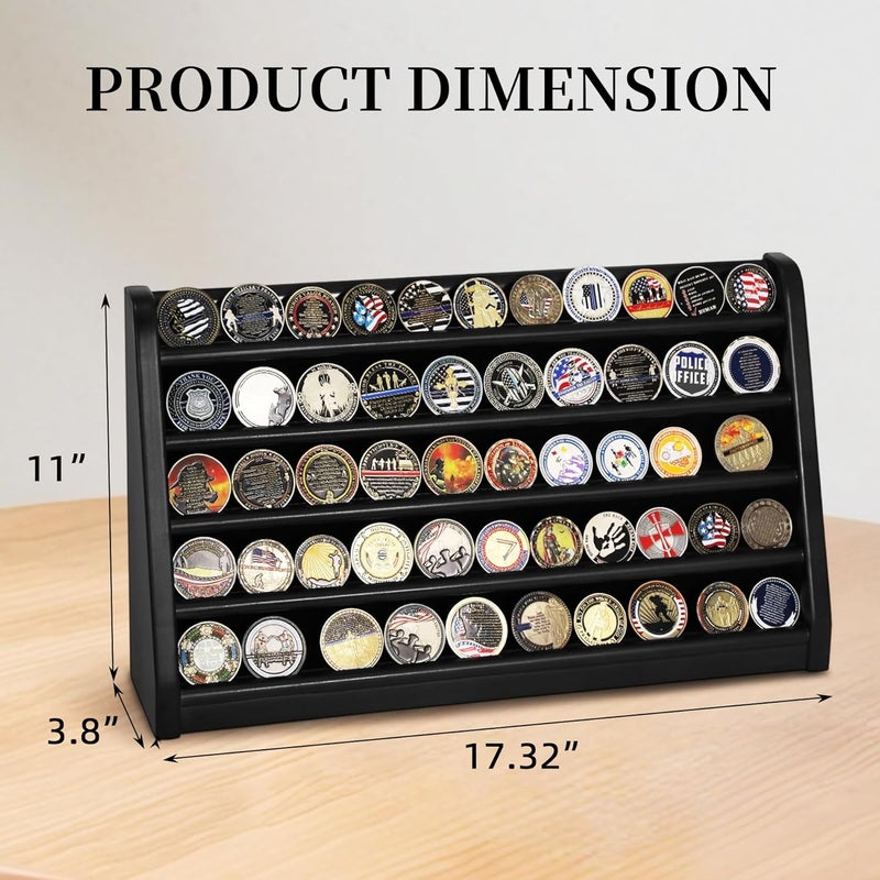 ASmileIndeep 5 Rows Challenge Coin Holder Display Stand Holds 50 Coins for Wall Mount or Tabletop, Solid Wood Military Coin Rack Display Case for Army Collectibles, Black - Image 4