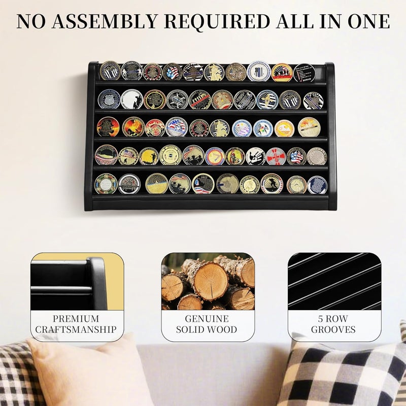 ASmileIndeep 5 Rows Challenge Coin Holder Display Stand Holds 50 Coins for Wall Mount or Tabletop, Solid Wood Military Coin Rack Display Case for Army Collectibles, Black - Image 2