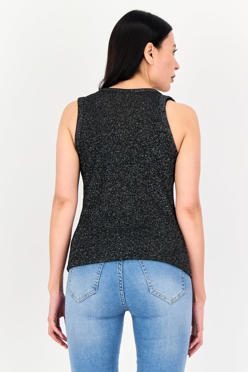 Reserved Women Crew Neck Sleeveless Textured Tank Top, Black - Image 3