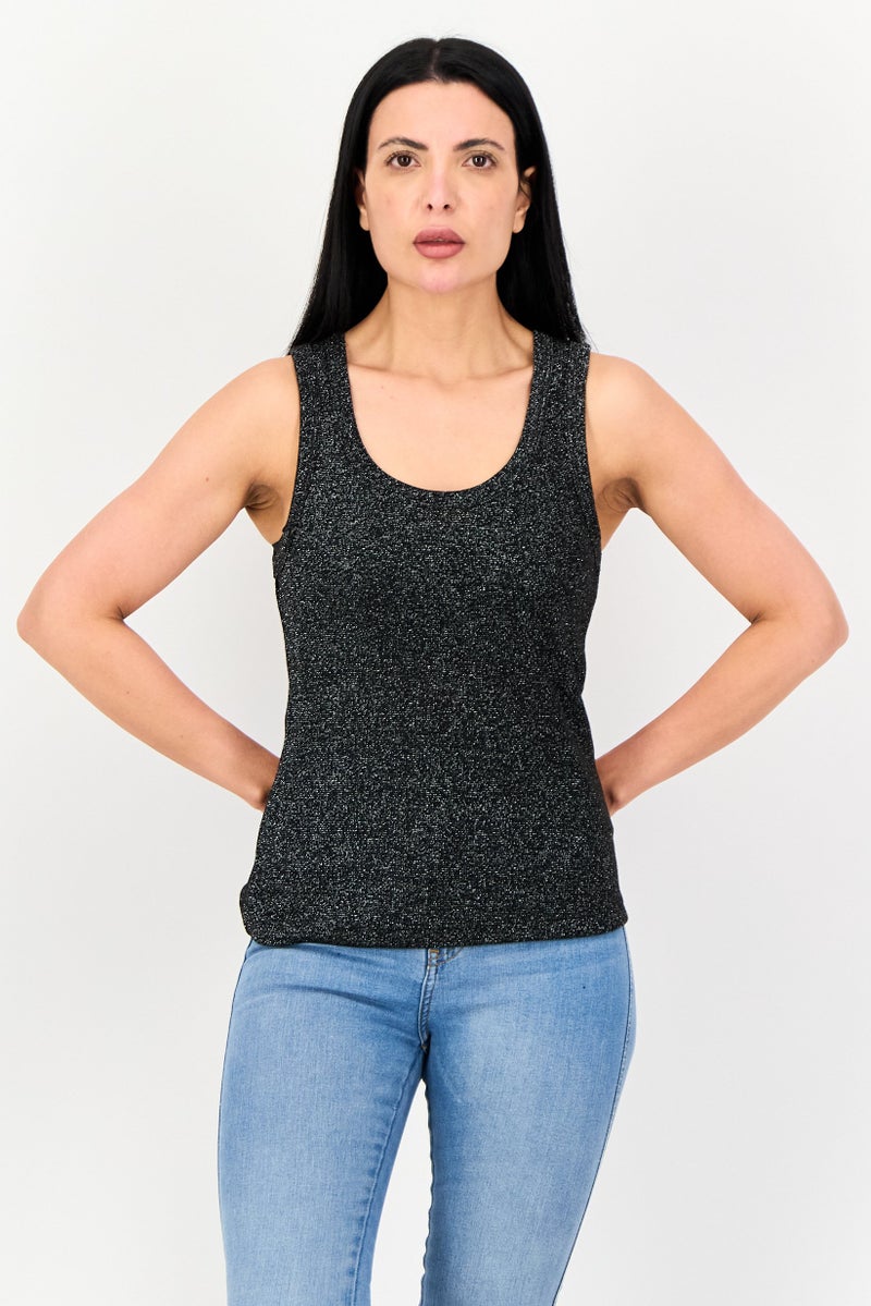 Reserved Women Crew Neck Sleeveless Textured Tank Top, Black - Image 1