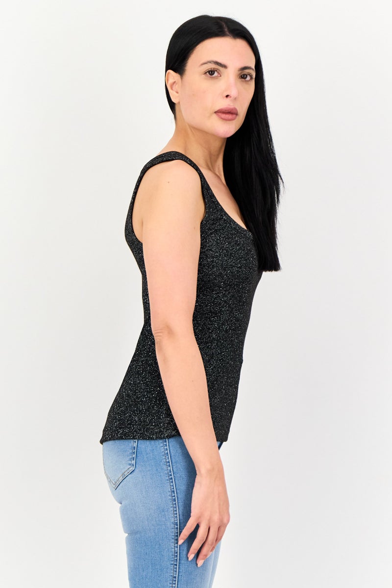 Reserved Women Crew Neck Sleeveless Textured Tank Top, Black - Image 2