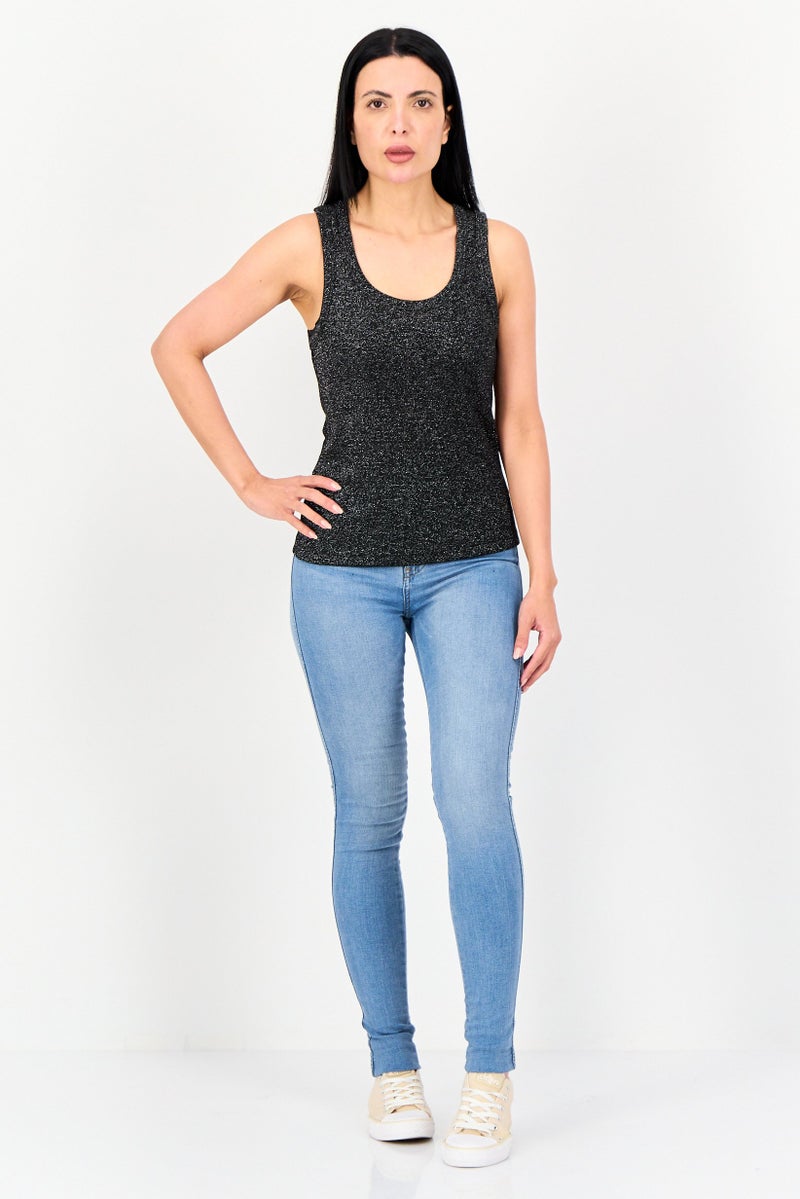 Reserved Women Crew Neck Sleeveless Textured Tank Top, Black - Image 4