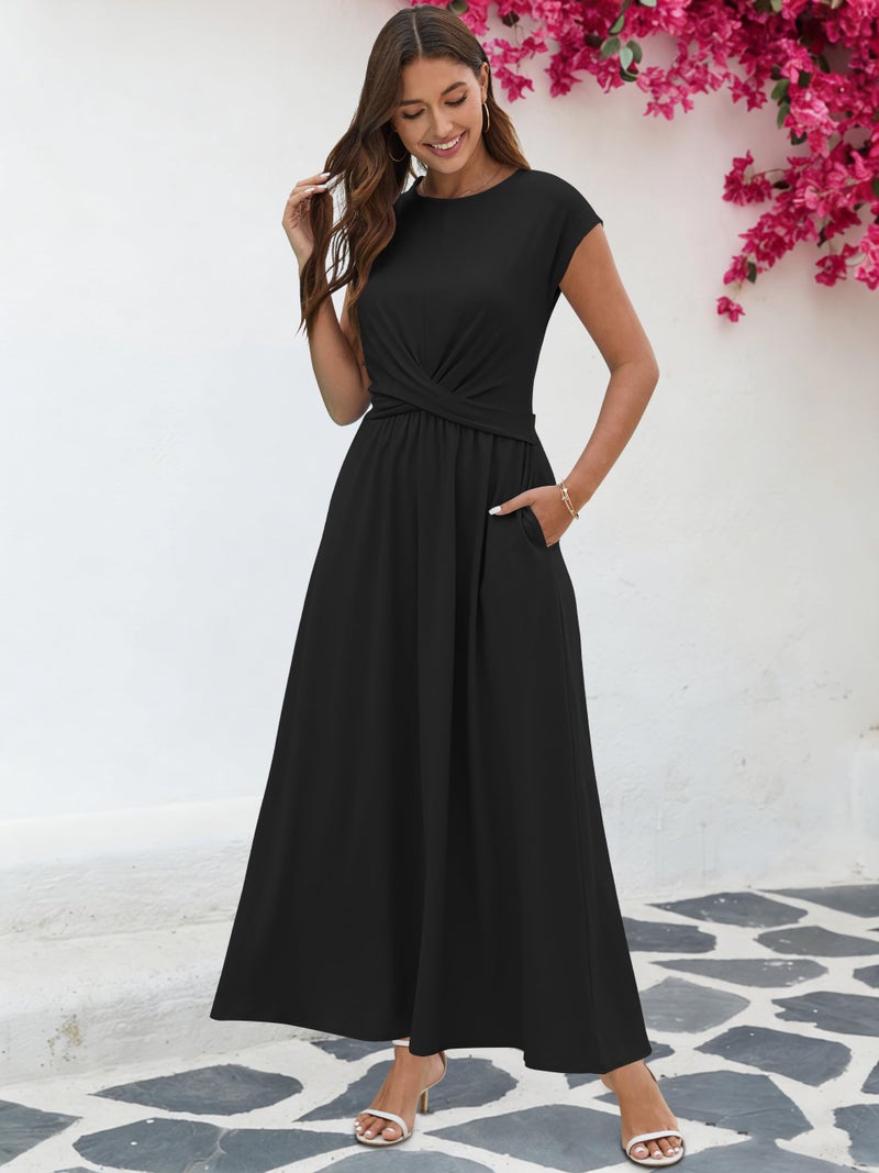 ETCYY Women's Summer Dresses Maxi Dress 2026 Sundresses Vacation Beach Dress Striped Twisted Front Long Dresses with Pockets,Black,Medium - Image 2