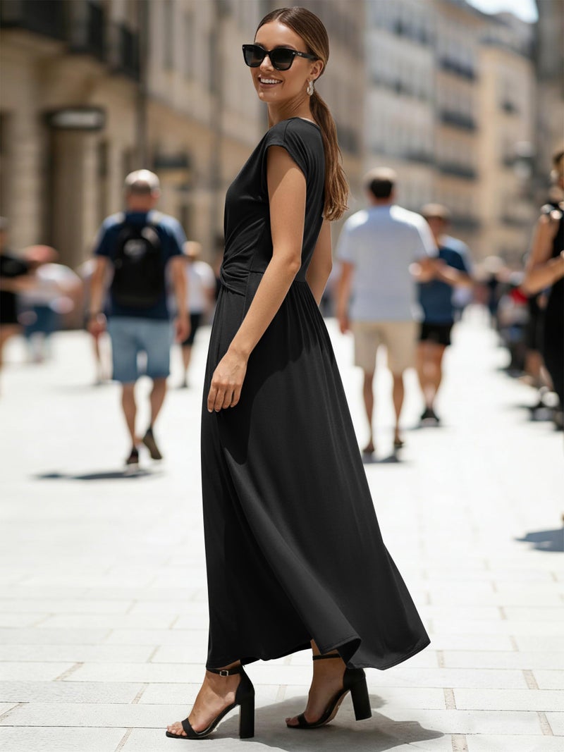 ETCYY Women's Summer Dresses Maxi Dress 2026 Sundresses Vacation Beach Dress Striped Twisted Front Long Dresses with Pockets,Black,Medium - Image 4