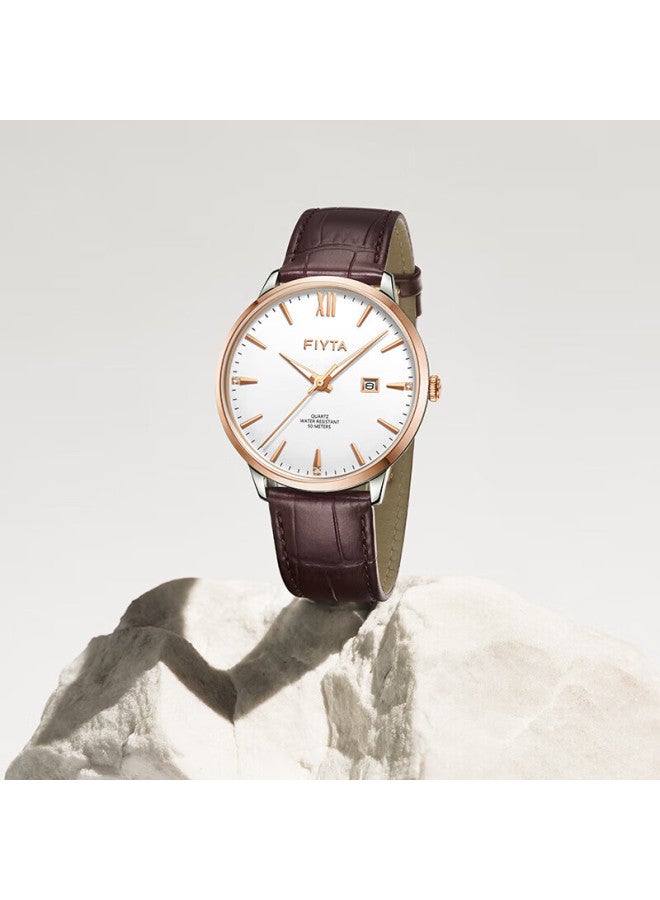 Fiyta Elegant Series Men's Quartz White Dial Brown Leather Strap Business Men's Watch Holiday Gift - Image 3