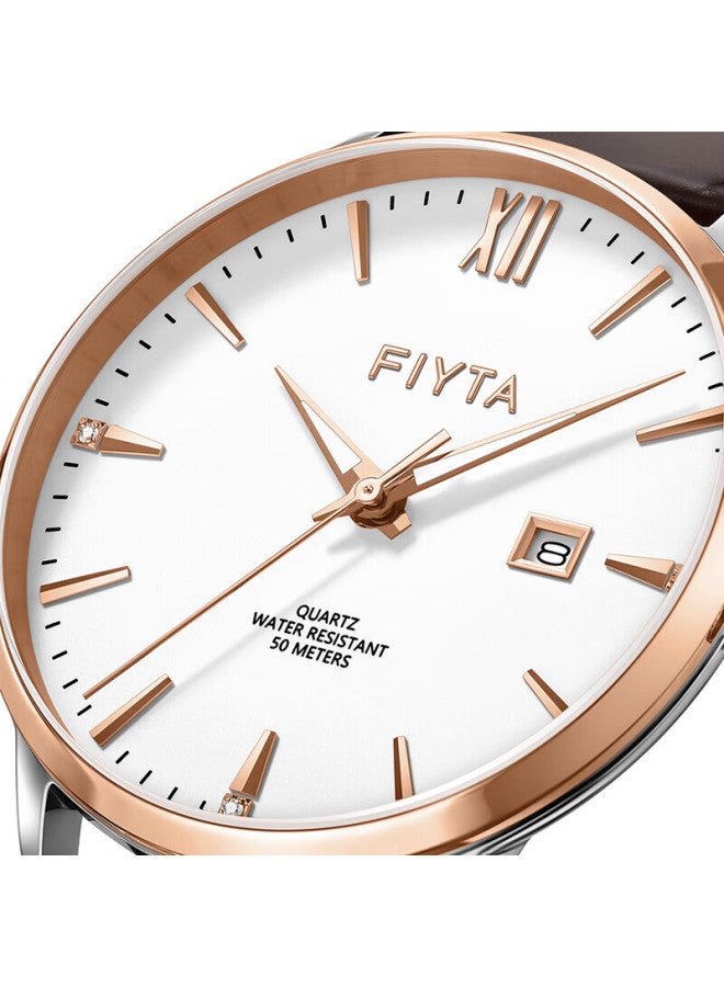 Fiyta Elegant Series Men's Quartz White Dial Brown Leather Strap Business Men's Watch Holiday Gift - Image 2