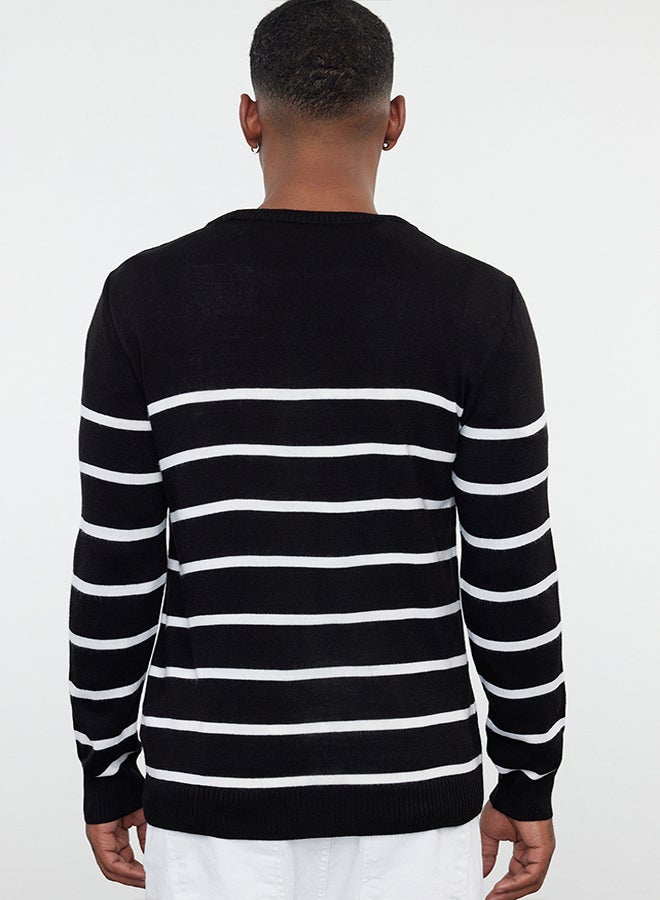 trendyol Black Slim Crew Neck Striped Knitwear Sweater TMNAW25KZ00033 - Image 5
