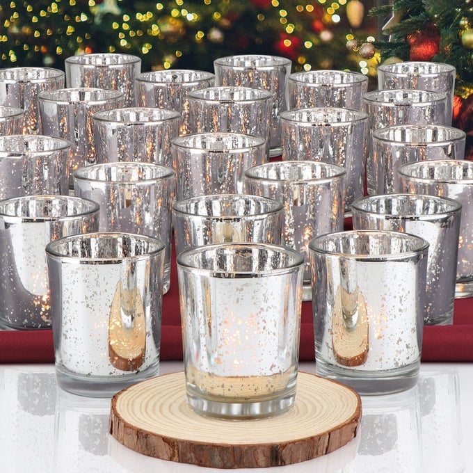 SILVER MERCURY VOTIVE CANDLE HOLDERS 24 PCS TEALIGHT CANDLE HOLDERS FOR TABLE CENTERPIECES MERCURY GLASS CANDLE HOLDER FOR WEDDING DECORATIONS ANNIVERSARY BIRTHDAY PARTY TABLE DECORATIONS
