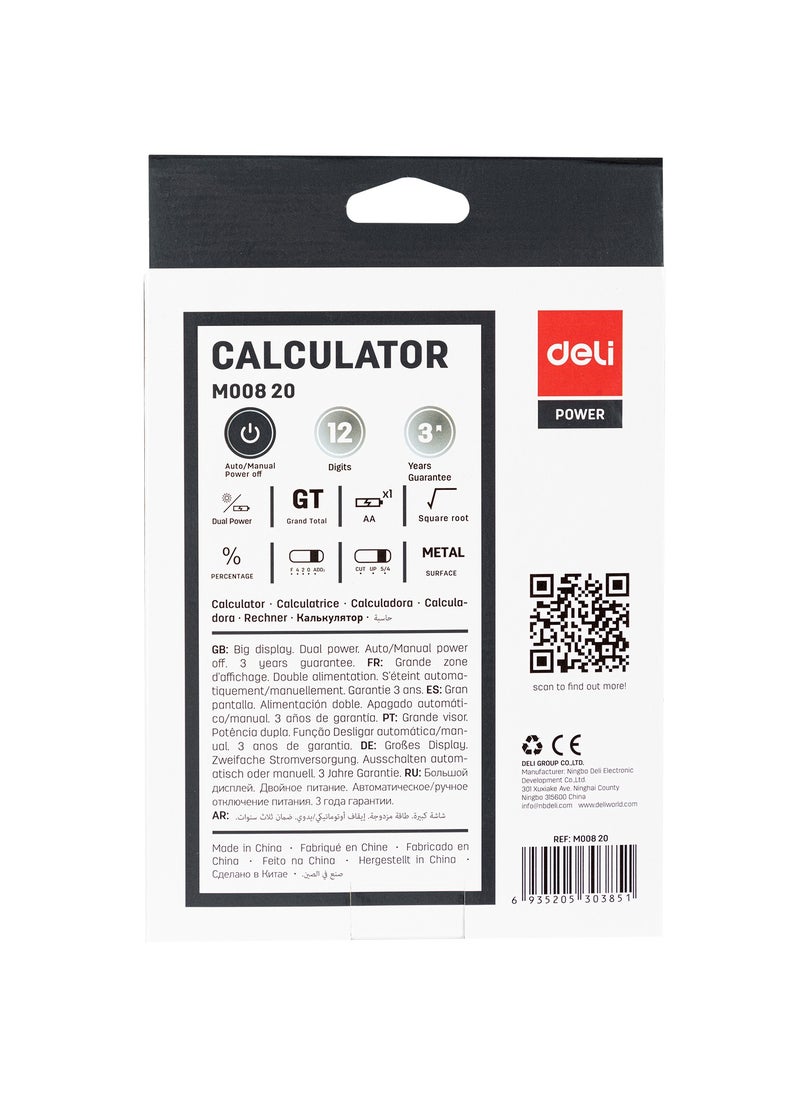 Deli Deli EM00820 12-Digit Desktop Calculator - Solar/AA Battery, Grey (1PCS/Color Box) - Versatile Calculator for Home, Office & Retail Use  - Image 5