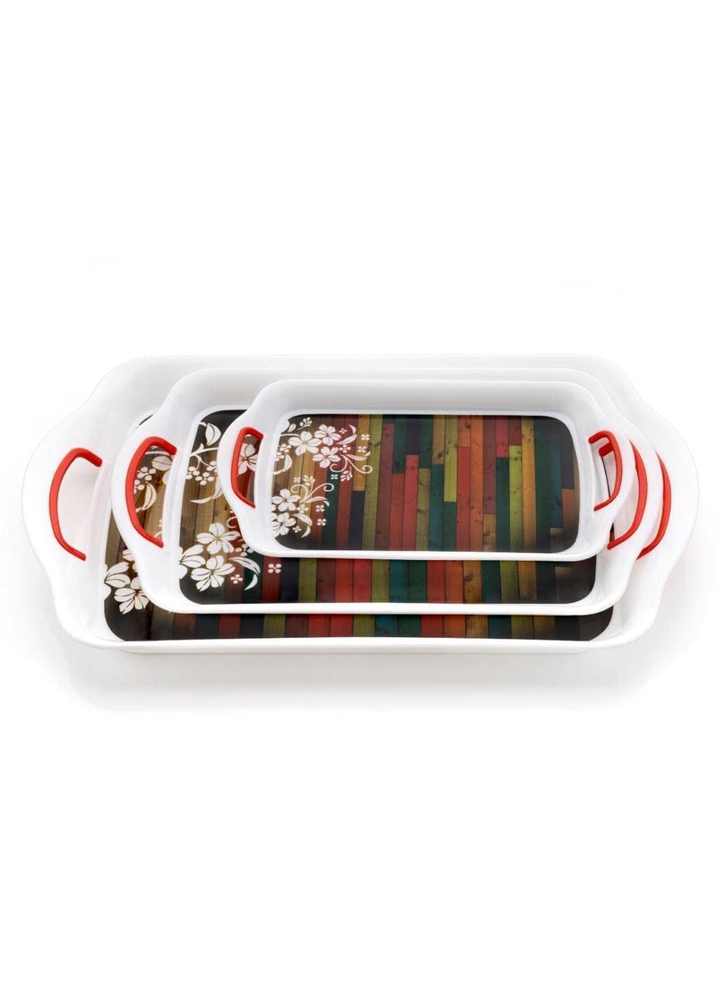 DD RETAILS DD Retails Rectangular Plastic Serving Tray Printed Serving Tray with Handle Serving Tray for Serving Tea Snacks Breakfast Dinner Set of 3 Multicolor  - Image 2