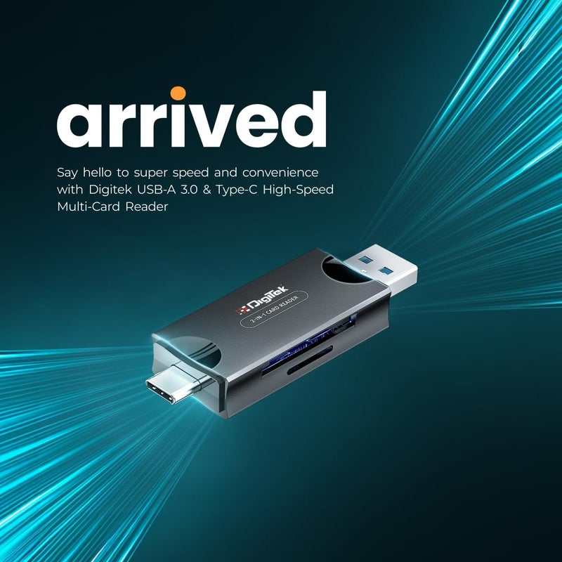 Digitek (DCR-007) قارئ بطاقات متعدد عالي السرعة USB-A 3.0 و Type C يدعم جميع بطاقات SD/SDHC/SDXC القياسية وبطاقات Micro SD/Micro SDHC/Micro SDXC. - Image 2