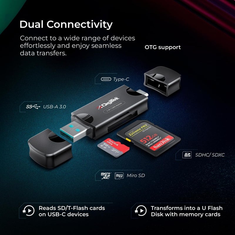 Digitek (DCR-007) قارئ بطاقات متعدد عالي السرعة USB-A 3.0 و Type C يدعم جميع بطاقات SD/SDHC/SDXC القياسية وبطاقات Micro SD/Micro SDHC/Micro SDXC. - Image 5