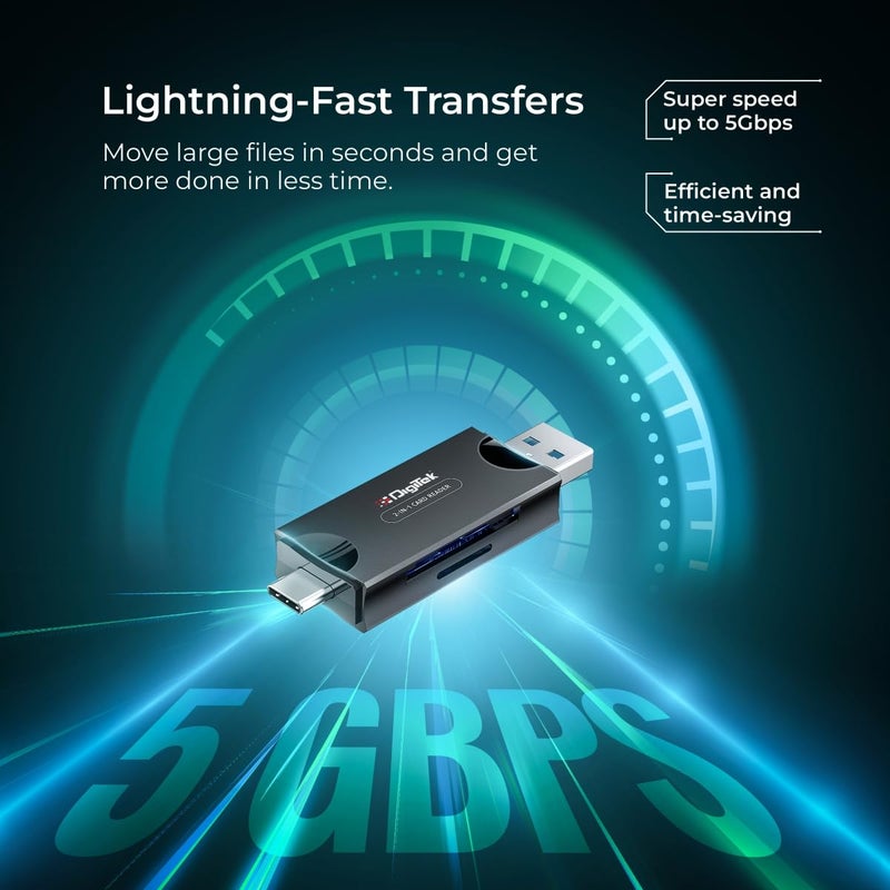 Digitek (DCR-007) قارئ بطاقات متعدد عالي السرعة USB-A 3.0 و Type C يدعم جميع بطاقات SD/SDHC/SDXC القياسية وبطاقات Micro SD/Micro SDHC/Micro SDXC. - Image 4