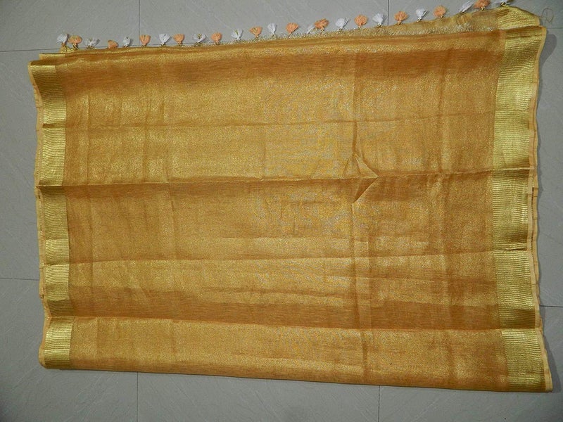 HAIDER ALI AND SONS Pure Tissue Linen Ethnic Wear Saree with Blouse for Every Occasion for Girls and Women (Pack of 1-Golden) - Image 4