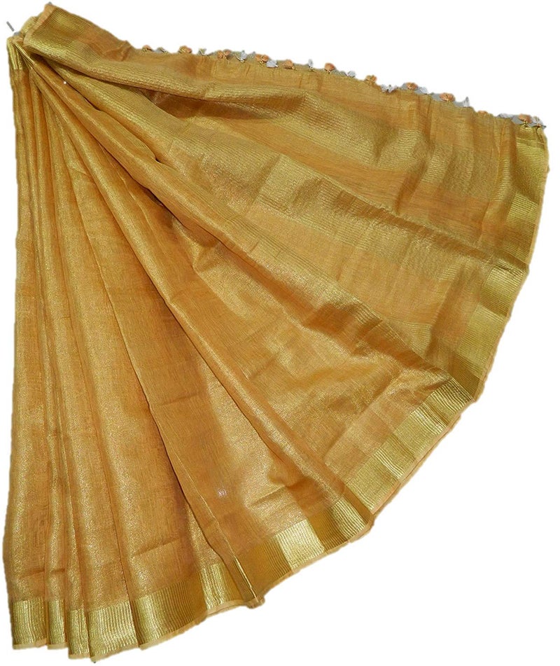 HAIDER ALI AND SONS Pure Tissue Linen Ethnic Wear Saree with Blouse for Every Occasion for Girls and Women (Pack of 1-Golden) - Image 2