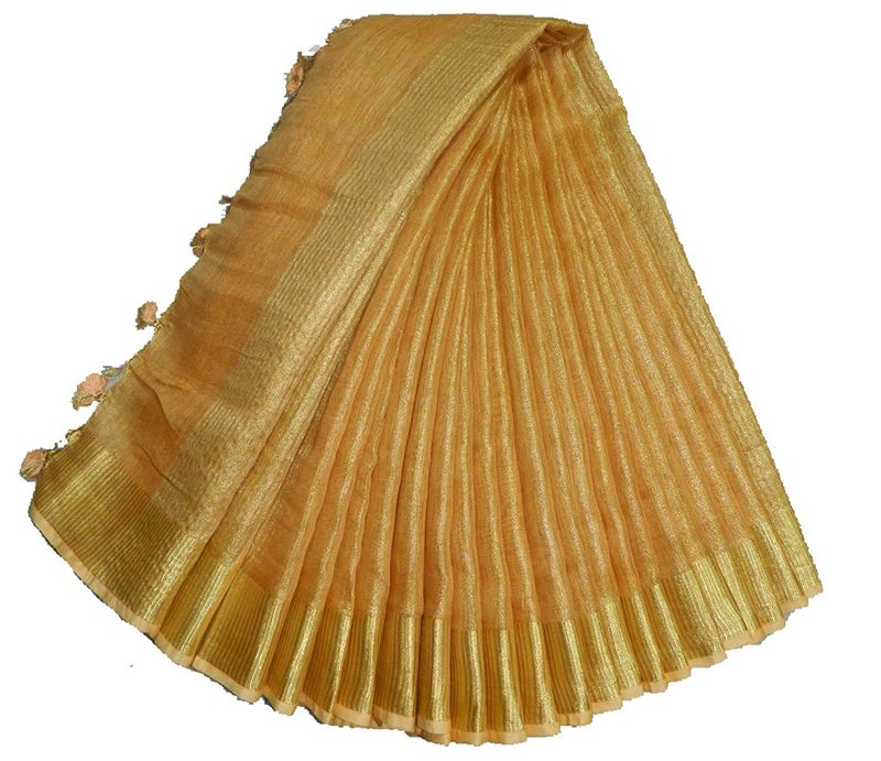 HAIDER ALI AND SONS Pure Tissue Linen Ethnic Wear Saree with Blouse for Every Occasion for Girls and Women (Pack of 1-Golden) - Image 1