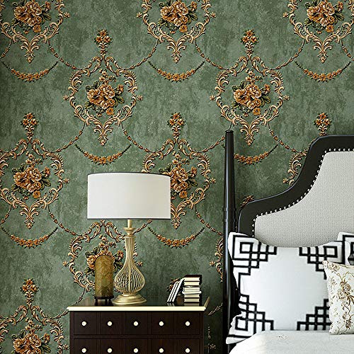 Blooming Wall Textured Vintage Damasks Floral Pattern Wallpaper Wallcoverings for Walls 57 Square ftRoll GreenFlower - Image 1