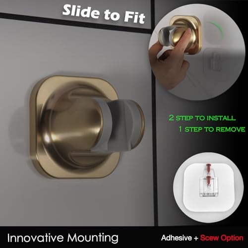 RIVOODS Handle held Shower Head Holder Wall Mount -Adjustable in 5 Positions - Dual Mount Option (Screw/Adhesive) - Brushed Gold - Image 2