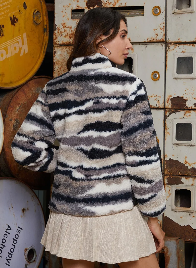 Pinacolada  Women's Onyx Black Contrast Camouflage Sherpa Jacket for Women | Best Price UAE