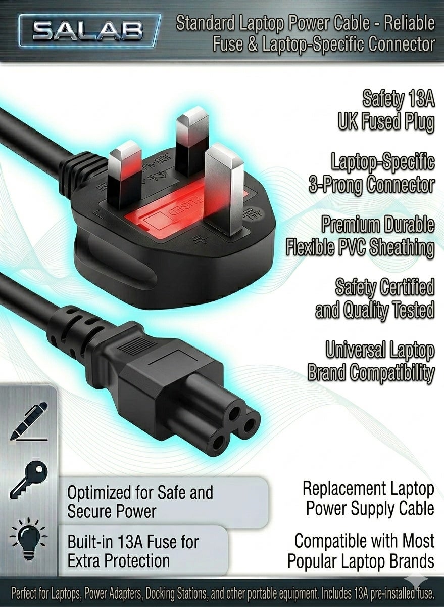 Laptop Power Cable 3 Pin Mains lead Power UK Plug for Laptop AC-Adapter Charger Acer Dell HP Compaq Toshiba Vaio Delta Asus Lenovo Electric Equipment 1.5m