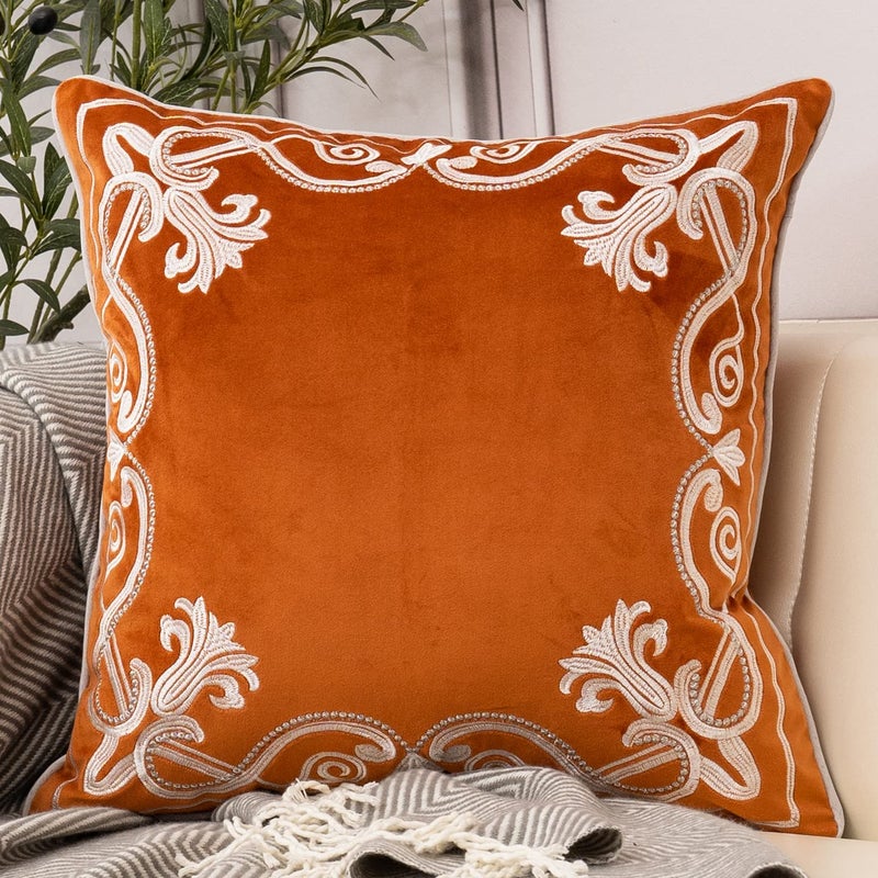 Aeckself European Floral Pillow Cover 18x18 Inch Luxury Velvet Embroidered Decorative Throw Pillow Cover for Couch Bedroom Living Room Burnt Orange and White