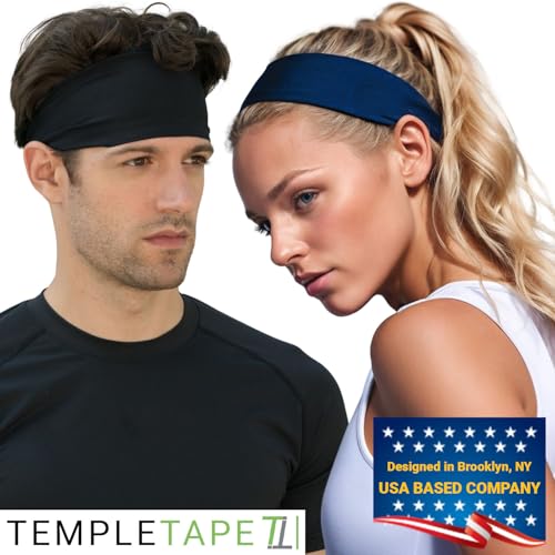 Temple Tape, Mens Headband - Guys Sports Headbands Moisture Wicking Workout Sweatbands for Running, Cross-Train, Skiing and Bike Helmet Friendly - Value Pack - 1-Black & 1-Navy Sweatband - Image 3