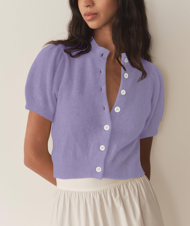 Zyyfly Short Sleeve Cardigans for Women Cropped Cardigan Summer Lightweight Button up Thin Knit Short Crop Sweater Lilac Lavender Light Purple S - Image 4